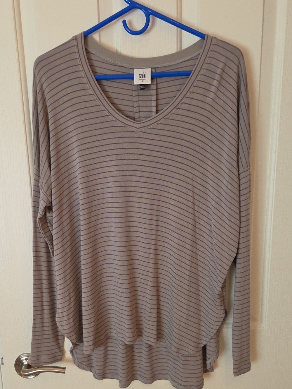 cabi Plum Tee Striped Long Sleeve Top Gray & Purple Small
